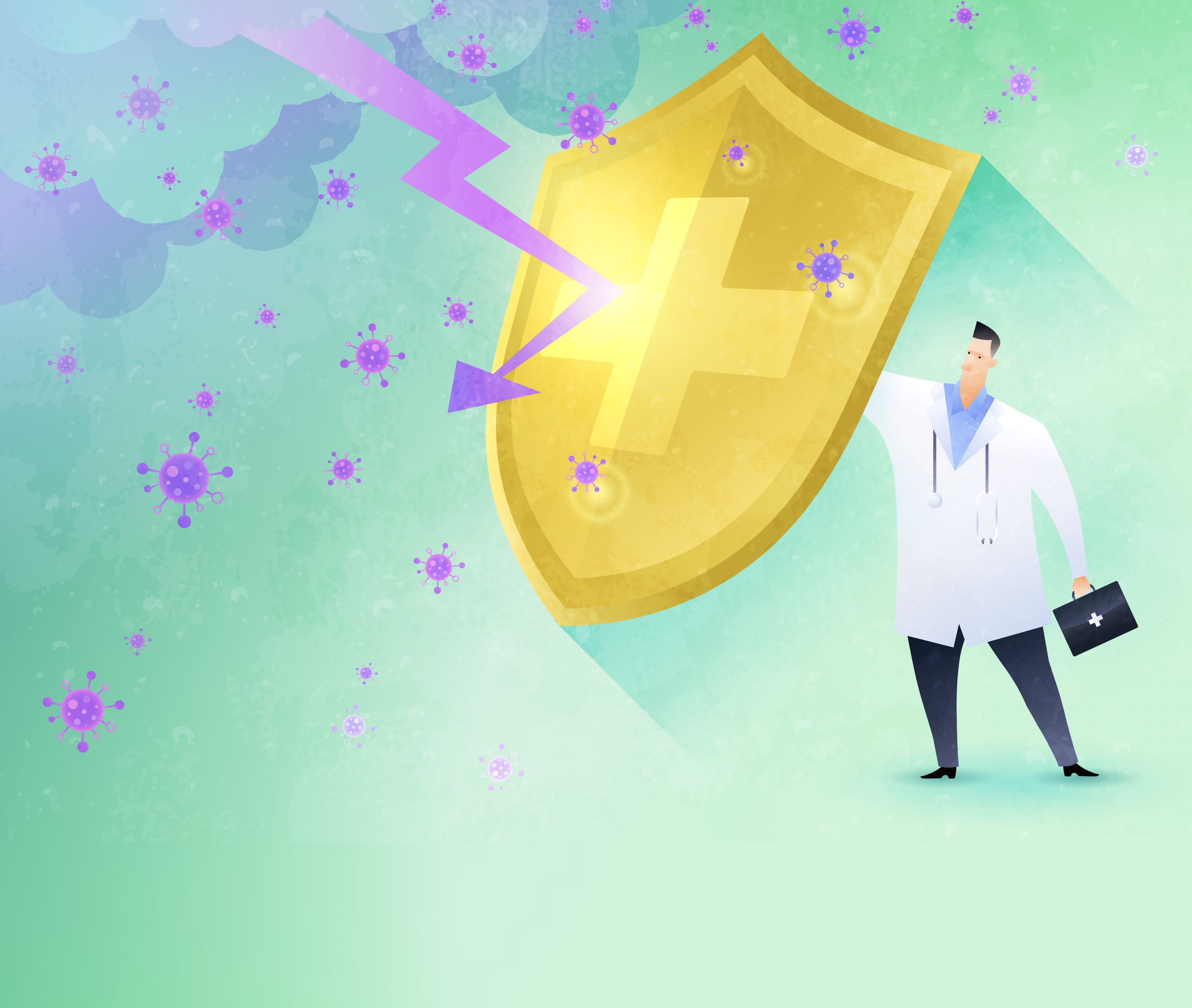 Illustration of Doctor Holding shield. Title: Sustaining Healthcare Providers Through the Pandemic