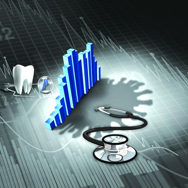 Illustration of bar graph with Stethoscope and dental tools